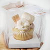 Cupcake in a clear box held by a hand on a white background