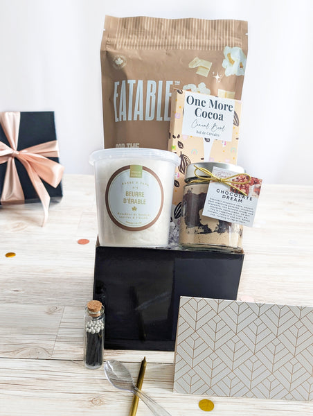 Gourmet gift set with chocolate bar, cotton candy and Fran Murray Co.'s Luxury Trifle. 